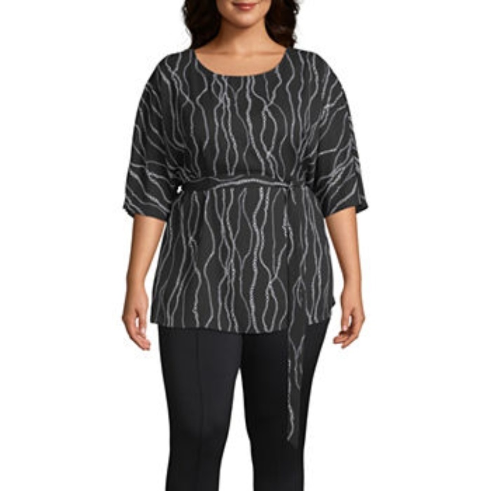 Worthington Round Neck Elbow Blouse - Black & Wht